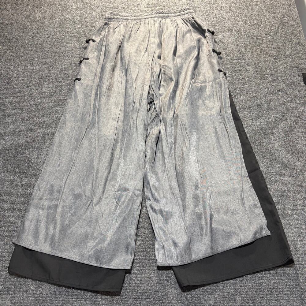 Chinese Style Gray Black Wide Leg Pants Womens XL Butterfly Print Frog Buttons - Picture 4 of 8